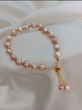 Pink Fresh Water Pearl Bracelet with Gold Accents